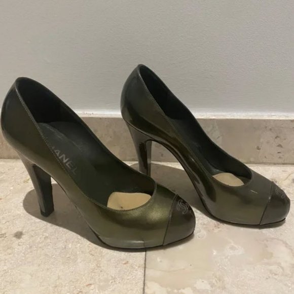 Chanel closed toe patent leather chunky heel size Olive Green Size 38 - Picture 2 of 7